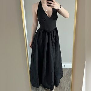 Cotton Black Halter Maxi Dress With Open Back - Elegant Evening Dress